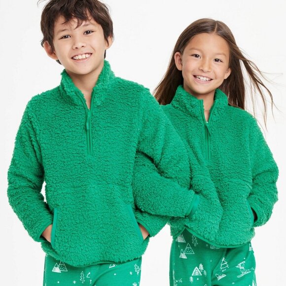 NEW! Kids' (Unisex) Faux Shearling Half Zip-Up Pullover, Green - Wondershop - Picture 1 of 8